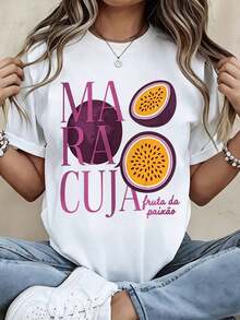 Women's Casual T-Shirt, Round Neck, Passion Fruit Print, Short Sleeve, Casual Summer Top For Everyday Wear And Outings, 100% Cotton, Durable - 白色 - 查看 7