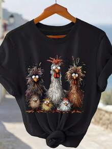 Plus Size - Plus Size - Women's Fashion Printed T-Shirt - Short Sleeve With Cartoon Chicken Family Design, Perfect For Spring And Summer! - Black - View 2