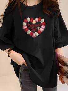 Plus Size - Plus Size - 2H3411 Women's Plus Size T-Shirt Fashionable Women's T-Shirt With "Redeemed Life" Thread Heart Design Embroidered Religious Cross Loose Casual T-Shirt For Daily Wear Church Outfits Soft Fabric Comfortable Elegant Christianity Inspiration - 黑色 - 查看 1
