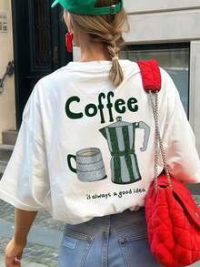 1 Piece Of Women's Short Sleeve T-Shirt With Round Neck And Loose Fit, Coffee Print, Casual Summer Style, White Women's T-Shirts. - 白色 - 查看 4