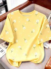 Women's Casual T-Shirt, Gray, New Summer Design, Round Neck, Sweet Cherry Print, Graphic Design, Student Style, Versatile Minimalist Fit, Suitable For Daily Wear, Outdoor Activities, Travel, Comfortable, Essential For Women - 黃色 - 查看 1