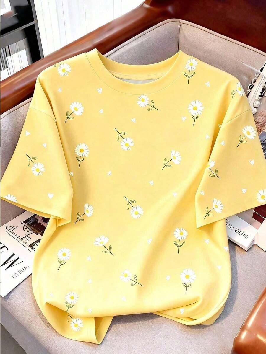 Women's Casual T-Shirt, Gray, New Summer Design, Round Neck, Sweet Cherry Print, Graphic Design, Student Style, Versatile Minimalist Fit, Suitable For Daily Wear, Outdoor Activities, Travel, Comfortable, Essential For Women - 黃色 - 查看 1