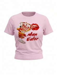 Women's Y2K Pink Form-Fitting Crop Top, Retro Lips & Cocktail Glass Print Ribbed Knit Crew Neck Short Sleeve T-Shirt, Summer Casual Y2K Aesthetic Tee For Daily & Date Outfits - Pink - View 7