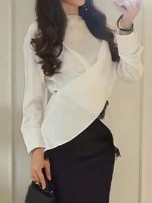 Women's Elegant Commuter Color Block Lace Patchwork Round Neck Long Sleeve Asymmetric Blouse. Solid Woven Fabric With Buttons White - White - View 9