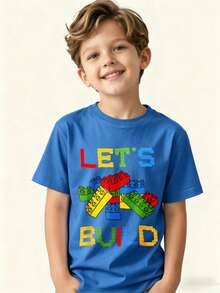 Graphic T-Shirt For Kids, Girls' Clothing, Boys' Clothing. Let's Build A Pattern With Blocks Suitable For Everyday Wear, Street Style, Outings, Home, Holidays, Back To School, Spring And Summer, Children's Day - 藍色 - 查看 10
