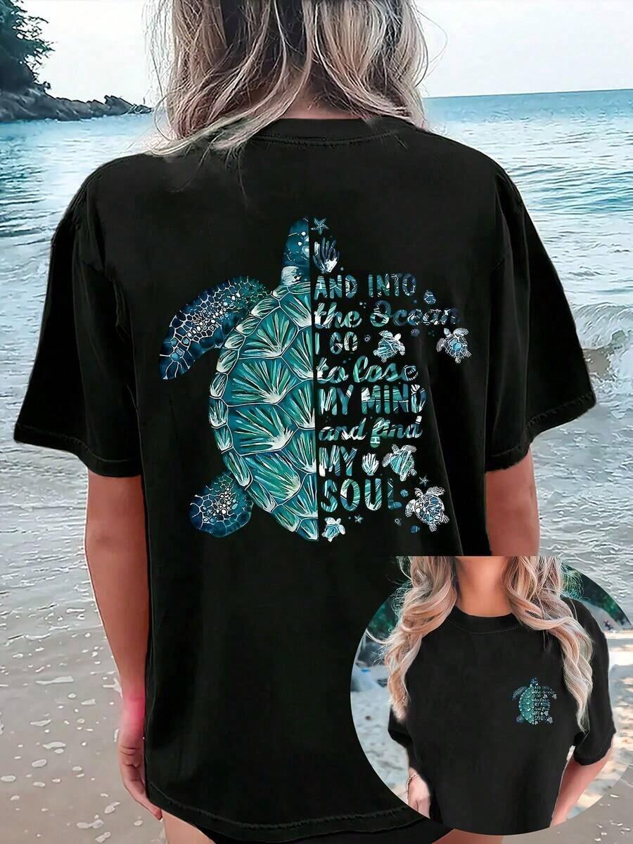 Camiseta de Mujer para Vacaciones en la Playa Tropical - Estampado de Doble Cara "Sunshine Vibes", Top Casual de Poliéster con Cuello Redondo y Manga Corta, Lavable a Máquina, Apta para Todas las Temporadas, 100% Algodón, Verano - Negro - Ver 1