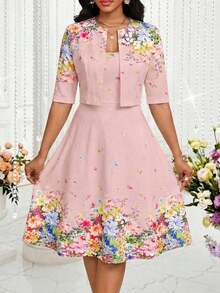 Conjunto de falda larga y chaqueta corta de dos piezas, de colores brillantes, romántico, de temperamento elegante y maduro, para primavera y verano - Rosa - Ver 4