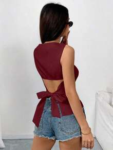 Camisa ajustada sin mangas de unicolor con lazo en la espalda, sexy y elegante para uso casual, adecuada para citas, vacaciones, oficina/negocios, primavera/verano - Burdeos 2 - Ver 2