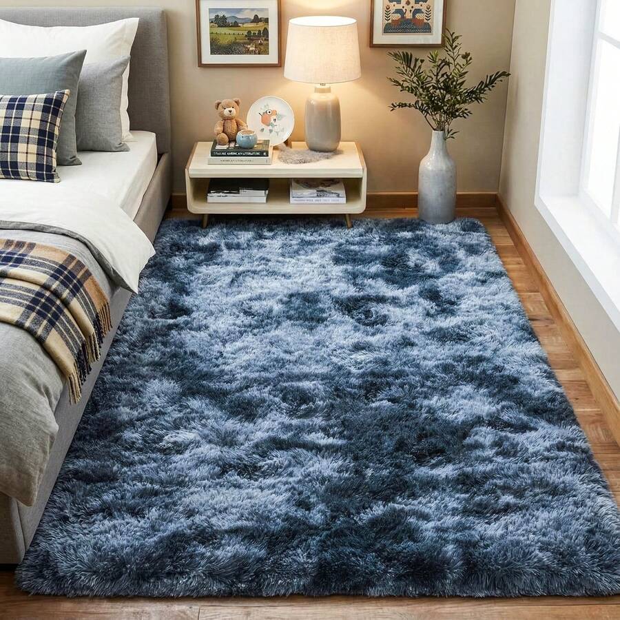 COLLA Area Rug For Bedroom, Fluffy Shag Plush Rug For Living Room, Shaggy Soft Fuzzy Carpet For Dorm Bedside Ultra Cozy Non-Slip Indoor Decor, Tie Dye Blue Grey - Tie-dye Blue-gray - View 1