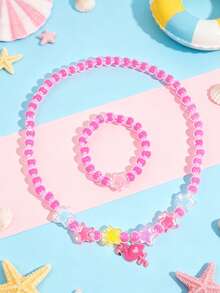 2pcs/Set Girls Cute Cartoon Flamingo Pendant Necklace Beaded Bracelet Jewelry Set, Random Color, Suitable For Girls Vacation Casual And Daily Wear, Perfect Gift - one-size - View 1