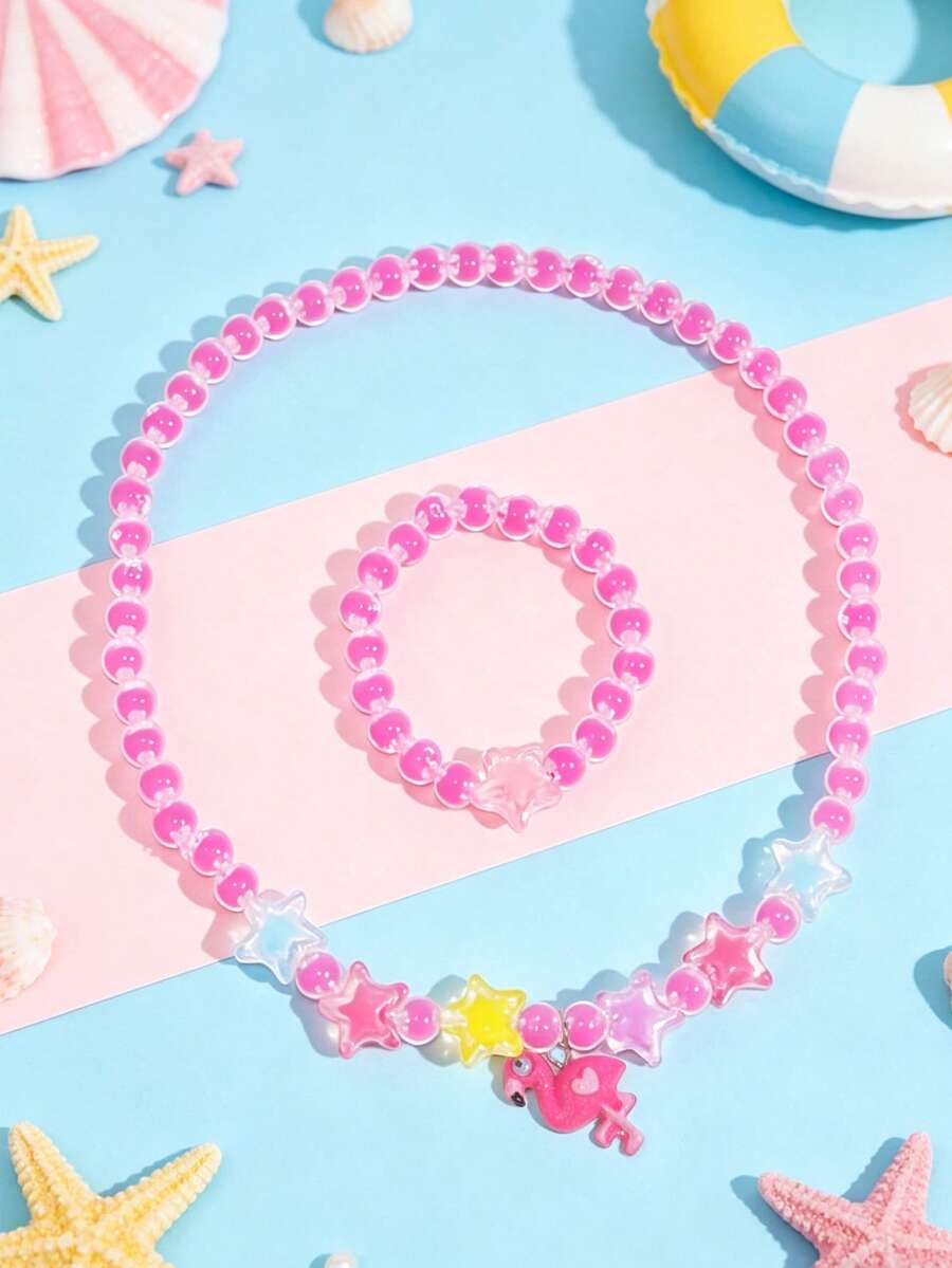 2pcs/Set Girls Cute Cartoon Flamingo Pendant Necklace Beaded Bracelet Jewelry Set, Random Color, Suitable For Girls Vacation Casual And Daily Wear, Perfect Gift - one-size - View 1