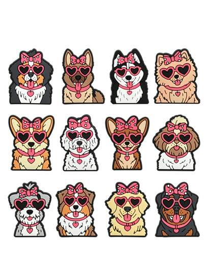 12pcs Pet Dog Series Hole Shoes Accessories Cute Cartoon DIY Soft Rubber Shoe Buckles, Garden Shoes Decorations, Suitable As Holiday Party Gifts, Birthday Presents