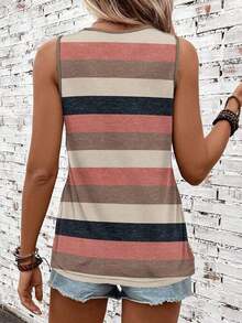 Camiseta de tirantes holgada de verano para mujer, estampado de patrón de correa de mezclilla, elegante y versátil, apta para uso casual, vacaciones y paseos, con un estilo minimalista y retro - Multicolor - Ver 2