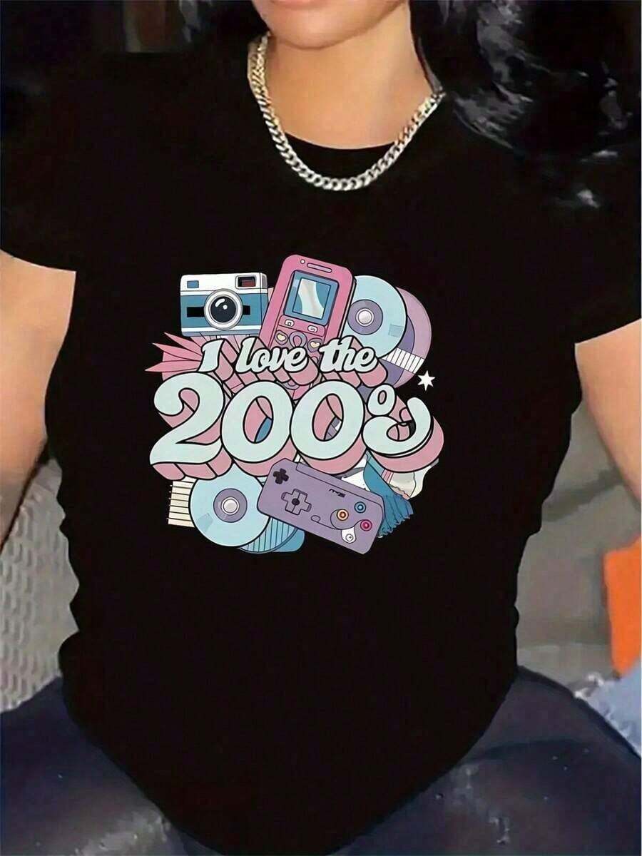 NewSummerCasual2026 New Summer Polyester T-Shirt, Featuring A Retro Design From The 2000s, Suitable For Parties And Everyday Wear, Durable And Comfortable, With Soft Fabric And Stylish Prints, Ideal For Lounging Or Outdoor Activities, Casual And Soft Short-Sleeved-Vintage Street Style Unisex Loose Cotton Short Sleeve Crew Neck T-Shirt - 黑色 - 查看 1