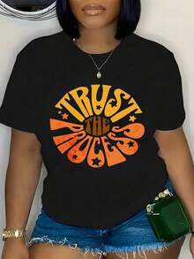 New Women's Summer Casual T-Shirt - Colorful Letter Print, Vibrant Crew Neck, Medium Stretch, Machine Washable, Opaque Material, Perfect For Thanksgiving Parties And Everyday Casual Wear. Unisex Loose-Fitting Cotton Short-Sleeve Crew Neck T-Shirt With An Urban Vintage Style - 黑色 - 查看 6
