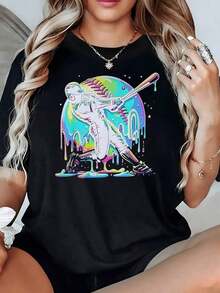 Colorful Figure Of A Baseball Player Hitting A Ball On A  Background Symbolizing Energy And Passion For The Sport. Women's T-Shirt, 100% High-Quality Cotton, Casual And Modern. - 黑色 - 查看 1