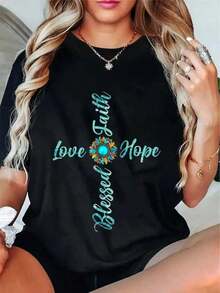 Unisex 100% Cotton Graphic T-Shirt With Jesus, Faith, Hope, Love, Sunflower And Leopard Design, For Christian Women, Best Gift, Short Sleeve Printed T-Shirt. - 黑色 - 查看 7
