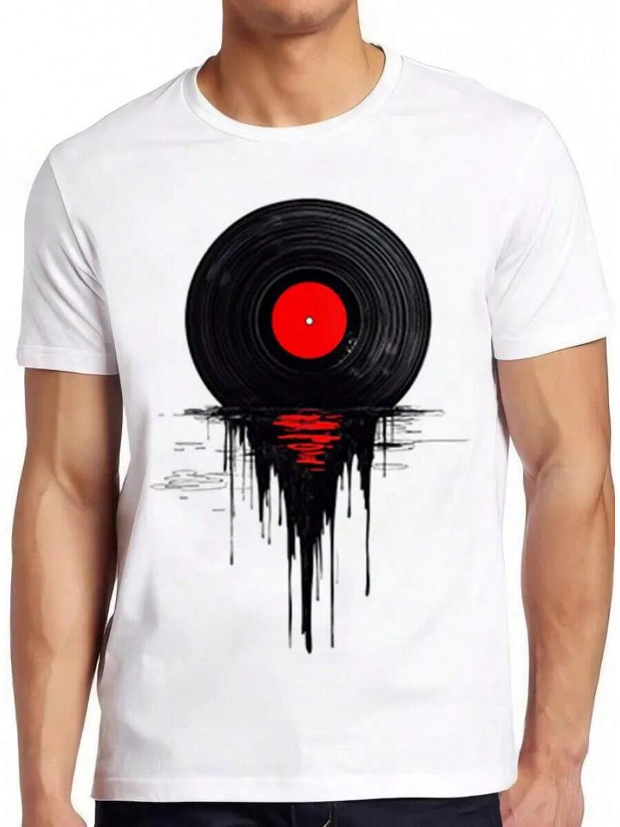 1 Piece, Grunge Rock T-Shirt With Vinyl Record And Sunset Design, Couple Set S-3XL, Unisex, Urban Fashion, Summer Casual, Elegant Style For Women, Cotton Crew Neck T-Shirt, Everyday Wear | Perfect Holiday Gift | 100% Cotton Fabric | Soft And Comfortable | Crew Neck T-Shirt | - 白色 - 查看 1