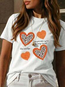 Camiseta Casual de Manga Corta con Cuello Redondo para Mujer, con Estampado Gráfico de Corazones de Guepardo para un Look Adorable WF9K - transparente - Ver 2
