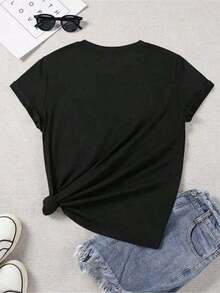 Women's Spring And Summer Set, Santiago Light Print T-Shirt, Round Neck, Short Sleeves,  Casual Top, Elegant Party Outfit, Loose Fit, Holiday Gift, Fun Design, Everyday Wear, Loungewear. Beautiful Blouses, 100% Cotton - 黑色 - 查看 4