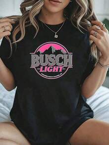 1 Piece Women's T-Shirt With Busch Light Mountain Graphic Print, Retro Style, Soft Pure Cotton T-Shirt For Everyday Casual Wear, Perfect Gift For Beer Lovers And Outdoor Adventurers, A Fashion Must-Have, 180g 100% Cotton Blouses For Women Shirt - 黑色 - 查看 7