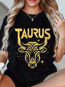 Casual Wear Unisex T-Shirt With Taurus Zodiac Graphic Print, Round Neck, For Women And Men, Casual Wear For Daily Outfits, Parties And Gifts, Style For All Four Seasons, Everyday Leisure Wear, Gift For Family And Friends, Bohemian T-Shirt, Blouses For Women>Shirt - 黑色 - 查看 7