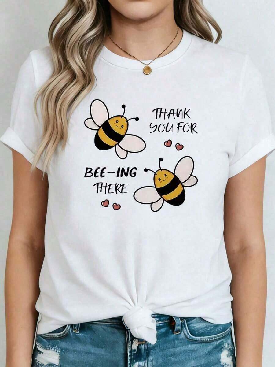 Soft 100% Cotton T-Shirt, 100% Pure Cotton, New Summer Style, Women's Summer Wear, Plus Size 100% Pure Cotton T-Shirt, With "THANK YOU FOR BEING THERE" Bee Design Sticker Print, Suitable For Thanksgiving Gifts And Everyday Wear, Cute And Relaxed Style, White Short-Sleeved Crew Neck T-Shirt For Women, Modern, Stylish And Retro Design, Flatters The Figure When Worn Outside The House, Simple And Elegant For Layering, Suitable For Shopping, Parties And Casual Daily Wear, Versatile And Durable Basic T-Shirt, Machine Washable. A Gift For Family, Siblings, Friends, Parents Or Teachers. Breathable Cotton T-Shirt, Goes With Everything. - 白色 - 查看 1