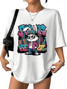 Men's And Women's Casual Cotton T-Shirt, New Spring/Summer Collection, With A Rabbit-Hop And Urban Graffiti Print, Soft And Comfortable Fabric, Casual And Versatile, Summer Wear, Great As A Gift, Available At A Local Store. FIBL - 白色 - 查看 12