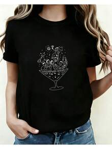 Printed Cotton T-Shirt For Weddings And Parties, Simple And Cool Short-Sleeved Top, Comfortable And High-Quality Clothing For Spring/Summer, Suitable For Holidays And Parties, A Great Gift For Women 01. WELW - 黑色 - 查看 12