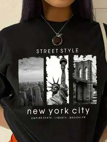 New Fashion Women's Crew Neck-Shirt Camiseta de manga corta con estampado, estilo callejero Nueva York, EMPIRE STATE LIBERTY BROOKLYN, camisetas gráficas para mujer, topsPure-CottonSummer-ready versatile design. - Negro - Ver 10