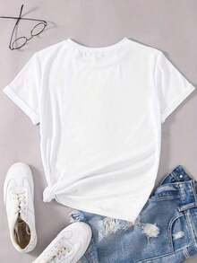 Nuevas llegadas para el verano. [Camiseta Relajada de Talla Grande] Camiseta con Estampado de Letras Milano, Top Casual de Manga Corta con Cuello Redondo para Primavera y Verano, Ropa de Mujer, Camiseta Deportiva, Blusa, Camisa > Hermosa. - Blanco - Ver 3