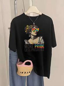 Women's Minimalist Casual T-Shirt, New Women's Cotton Short-Sleeved T-Shirt, Printed With The Message "Pride," Anti-Prejudice, Multi-Inclusive, With A Stylish Graphic Print, An Excellent Summer Fashion Gift, Suitable For Parties And Everyday Wear. Women's T-Shirts. - 黑色 - 查看 1