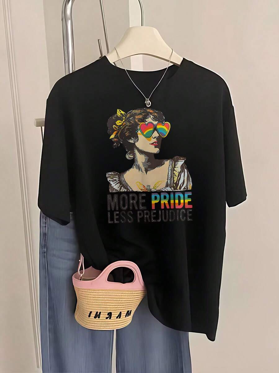 Women's Minimalist Casual T-Shirt, New Women's Cotton Short-Sleeved T-Shirt, Printed With The Message "Pride," Anti-Prejudice, Multi-Inclusive, With A Stylish Graphic Print, An Excellent Summer Fashion Gift, Suitable For Parties And Everyday Wear. Women's T-Shirts. - 黑色 - 查看 1