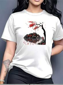 Designed For Comfortable, Stylish, And Modern Women, This Elegant Premium 180gsm T-Shirt Features A Stunning Landscape Print With Red Maple Leaves-Perfect For Family Gatherings, Office Team-Building Activities, And Holiday Gifts! Made From Soft, Breathable Premium Fabric, It's Designed For All-Day Comfort And Versatile Everyday Wear, Ideal For Casual Outings. - 白色 - 查看 7