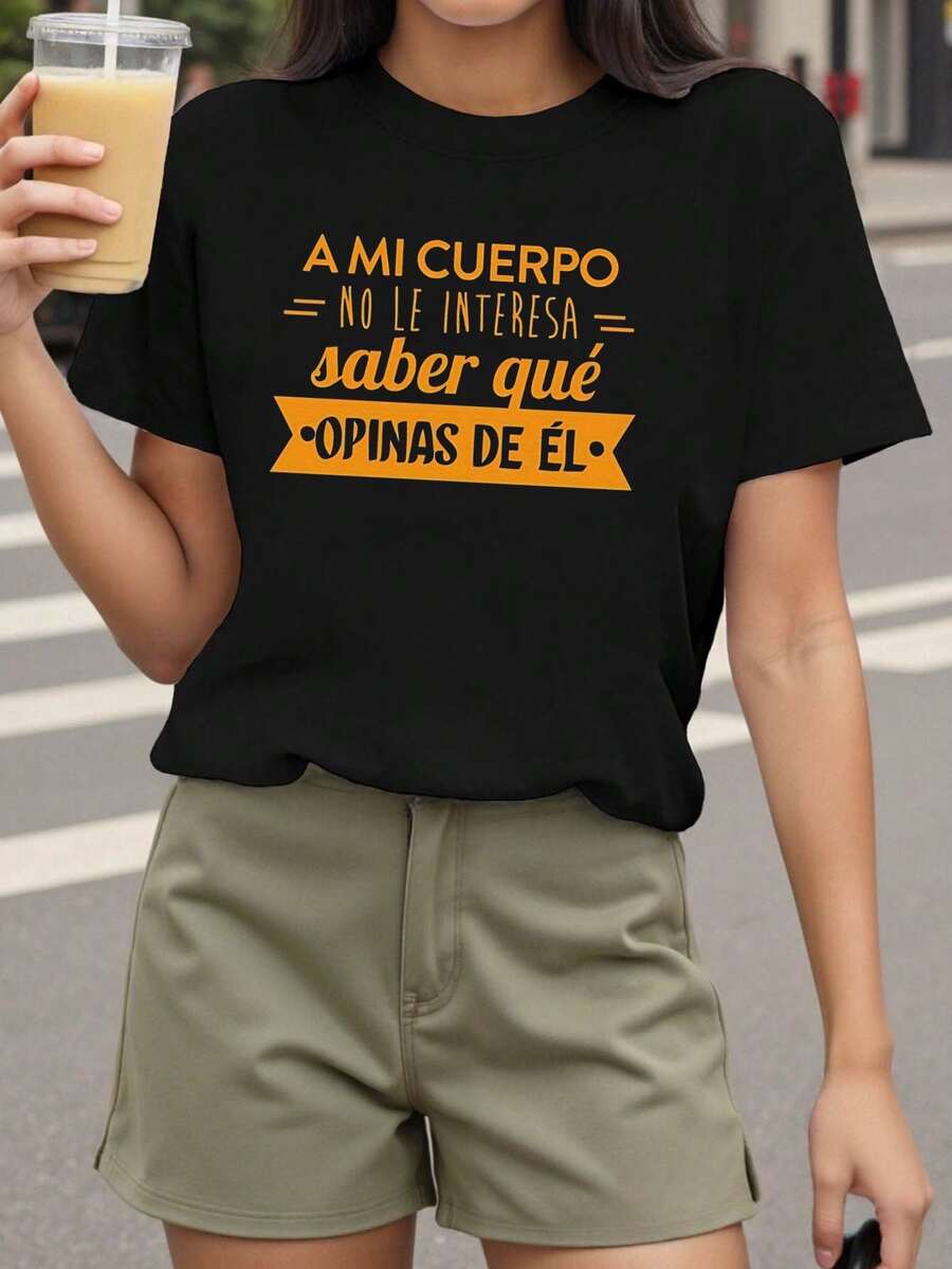 Mi cuerpo no se preocupa por tu opinión sobre él.Camiseta de manga corta de primavera y verano para mujer con cuello redondo e impresión de texto. - Negro - Ver 1