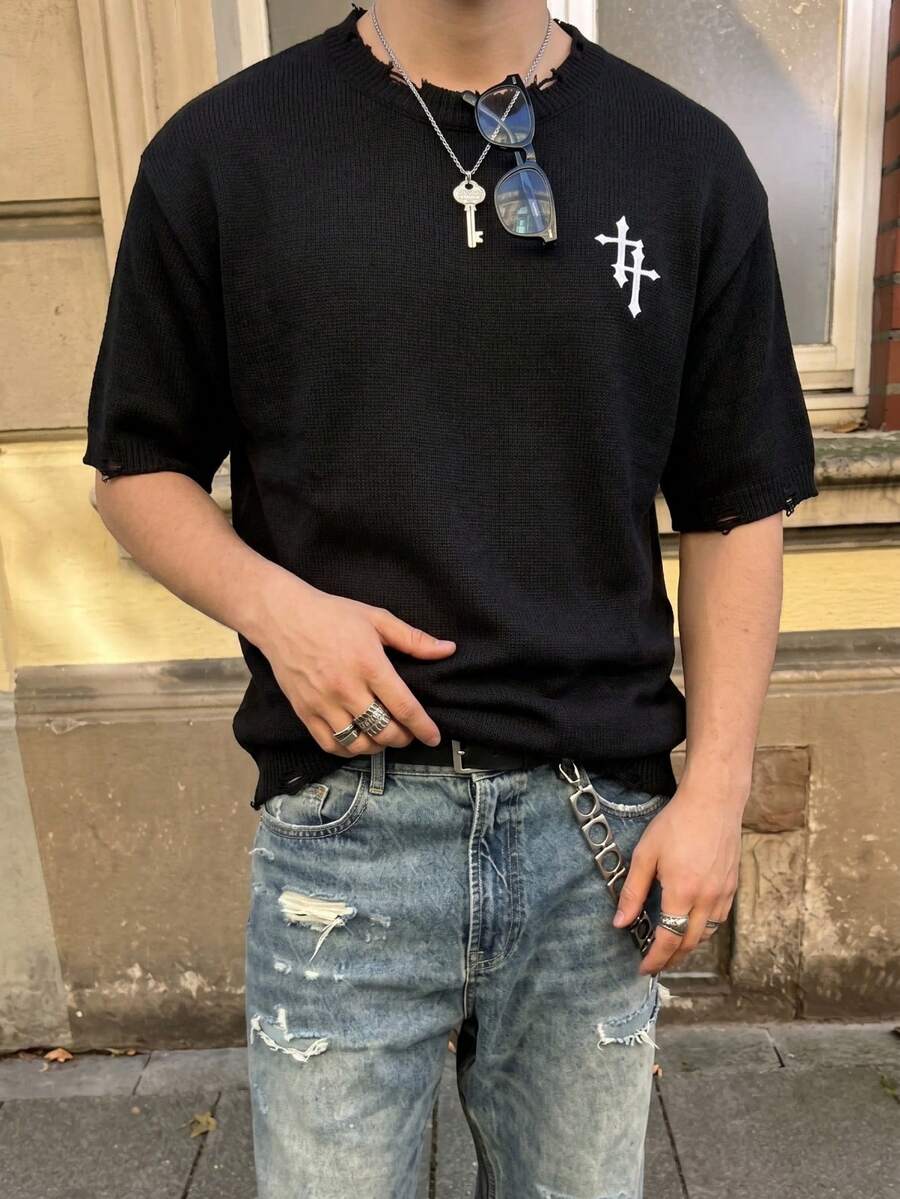 Suéter negro de manga corta, de punto, con cuello redondo, de corte holgado, versátil, para uso diario y casual, con estilo callejero, con borde deshilachado y efecto desgastado, de la colección primavera/verano de ANDREILEE - Negro - Ver 1