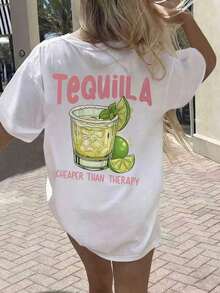Women's Short-Sleeved T-Shirt With A Round Neck And Simple Slogan Print, Casual Summer Style, Loose Fit, Ideal For Everyday Wear And Vacations. Women's T-Shirt. White Blouses For Women. - 白色 - 查看 6