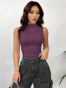 Body sin mangas de unicolor minimalista y de moda para mujer, de verano - Morado - Ver 6