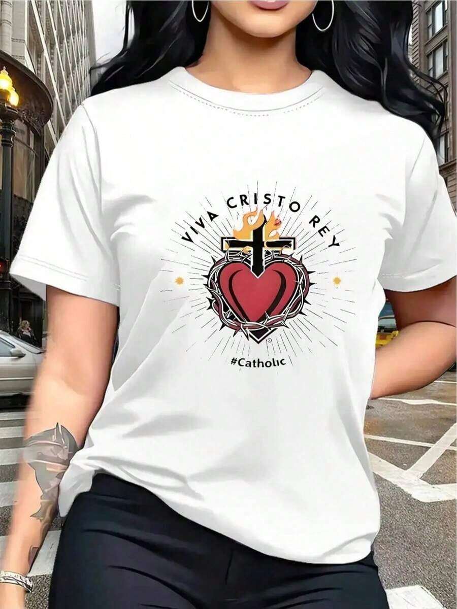 Simple And Versatile Design. Women's Oversized Black Sacred Heart Cross Print One-Piece T-Shirt - Vintage Catholic Pattern With Red And Gold Details, Faith Casual Wear With Religious Symbol, Limited Edition, Festive Gift Option, Spiritual Fashion For Her, Comfortable And Feminine Set, Symbol Of Cotton T-Shirt - 白色 - 查看 1