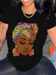 Women's Short-Sleeved Black T-Shirt With Colorful Bandana Print, Casual Round Neck, Conventional Version, Comfortable Fabric For All Seasons, Suitable For Daily Wear And As A Holiday Gift, Ideal To Give To Friends. - 黑色 - 查看 8