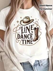 Women's T-Shirt Made Of Pure Cotton, Soft To The Touch, Comfortably Loose, With A Casual Print, Short Sleeve, Western Style: "Line Dance Moment" With Cowboy Hat, Cowboy Boots, Star Embellishments, Letter Print "LINE DAN TIME", Round Neck, Short Sleeve T-Shirt For Spring/Summer. - 白色 - 查看 1
