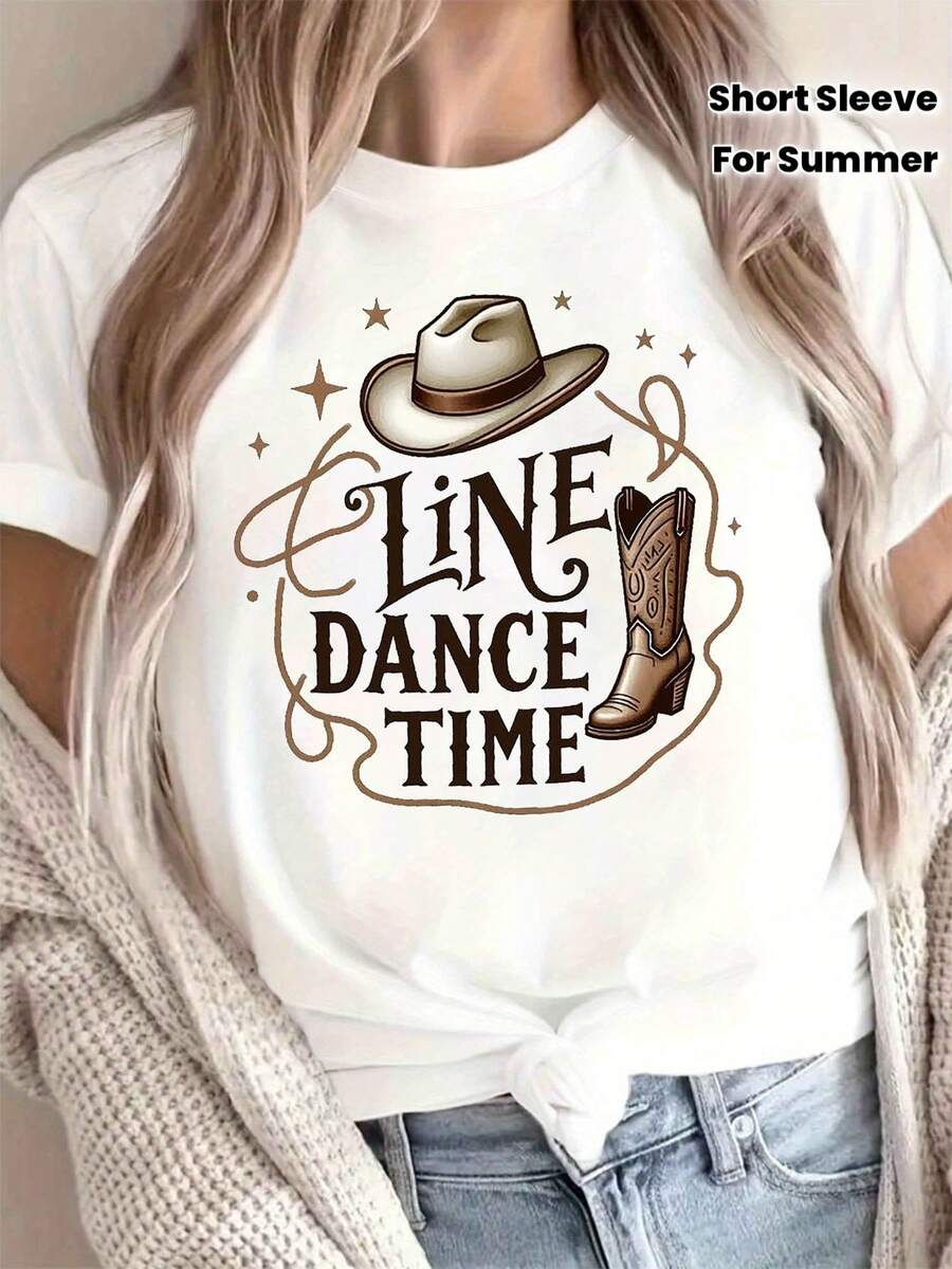 Women's T-Shirt Made Of Pure Cotton, Soft To The Touch, Comfortably Loose, With A Casual Print, Short Sleeve, Western Style: "Line Dance Moment" With Cowboy Hat, Cowboy Boots, Star Embellishments, Letter Print "LINE DAN TIME", Round Neck, Short Sleeve T-Shirt For Spring/Summer. - 白色 - 查看 1