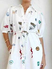 Shirt Dress With Print And Adjustable Belt, Spring 2026 - White - View 4
