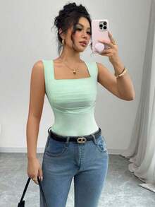 Top sin mangas plisado monocolor minimalista elegante y casual para mujer - verde menta - Ver 7