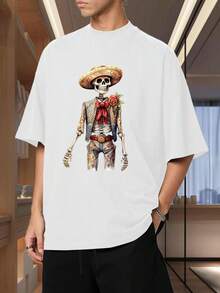 Breathable Short-Sleeved T-Shirt With A Traditional Mexican Skull Print Featuring Wide Wings And Roses. - White - View 1