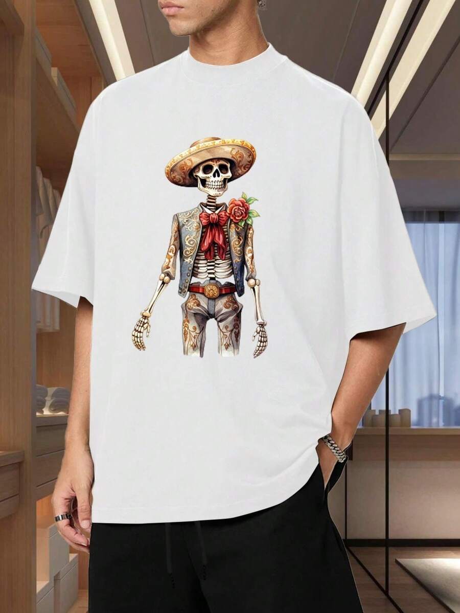 Breathable Short-Sleeved T-Shirt With A Traditional Mexican Skull Print Featuring Wide Wings And Roses. - White - View 1
