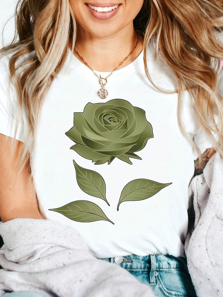 Green Rose Graphic T-Shirt, 100% Cotton Oversized Soft Breathable Casual Crewneck Short Sleeve Top, Romantic Aesthetic Summer Vibes Tee For Women & Nature Lovers - 白色 - 查看 1