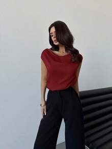 Blusa de satén elegante y chic de color albaricoque con cuello asimétrico plisado y sin mangas, adecuada para citas, bodas, ir a trabajar, primavera/verano - Burdeos - Ver 1