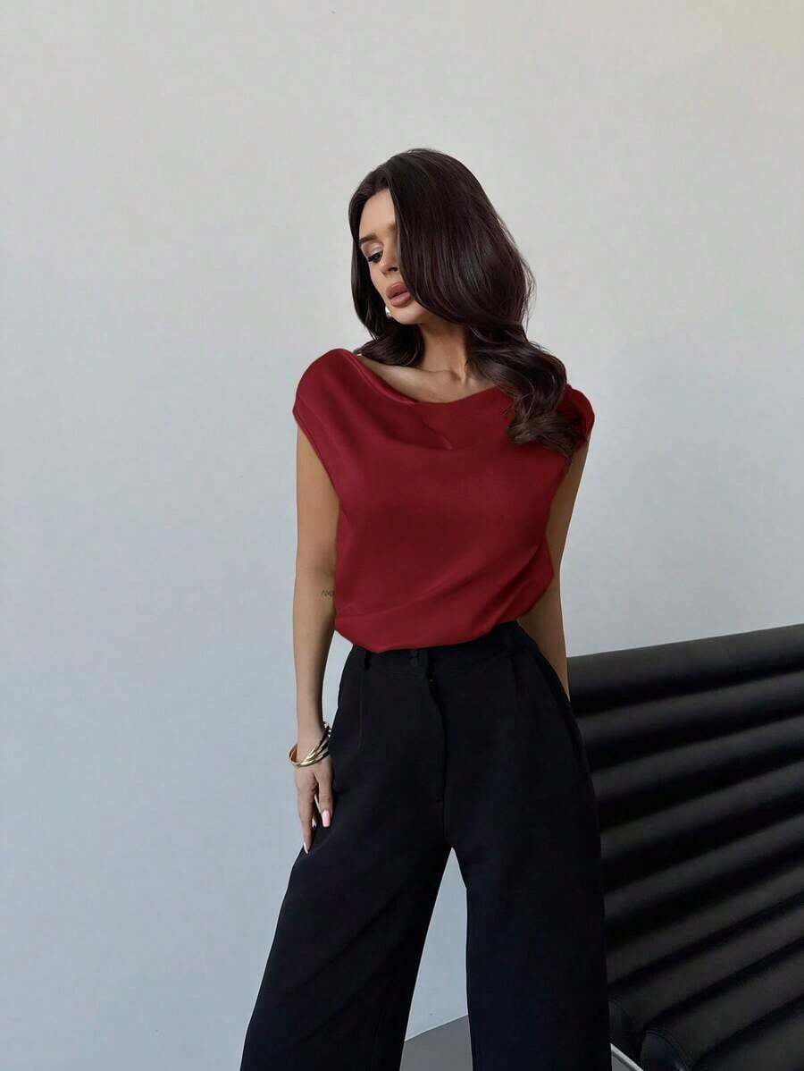Blusa de satén elegante y chic de color albaricoque con cuello asimétrico plisado y sin mangas, adecuada para citas, bodas, ir a trabajar, primavera/verano - Burdeos - Ver 1
