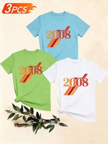 Women's T-Shirts, Women's T-Shirts, Casual One-Piece T-Shirt Set, Short Sleeve Round Neck Top With 2008 Number Print, Comfortable Summer Top For Women. - 1件黑色隨機圖案 - 查看 6